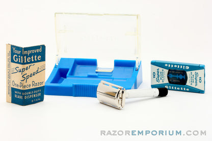 1951 W4 Gillette Black Tip Super Speed TTO DE Razor Set w/ Case & Blades & Instructions