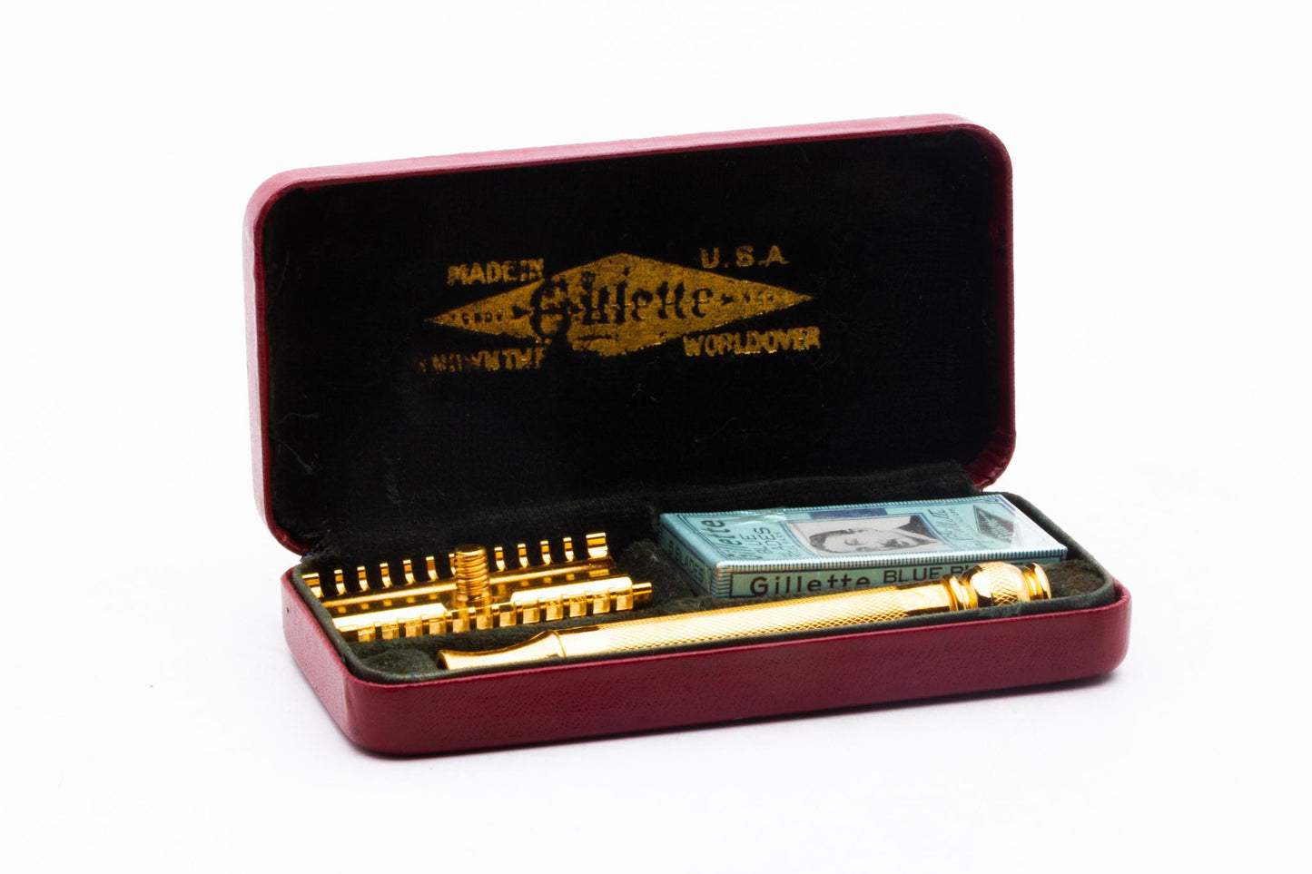 1930's Gillette NEW Ball End Long Comb Double Edge Safety Razor Set | 24K Gold Revamp