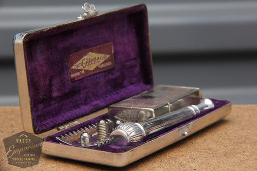 Gillette 1911 Silver ABC Pocket Edition- Shell Case  - Old Type Open Comb DE Razor Set