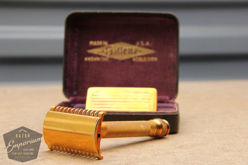 Gillette 1930's Gold NEW Long Comb Ball End Double Edge Safety Razor Set w/ Orig. Case