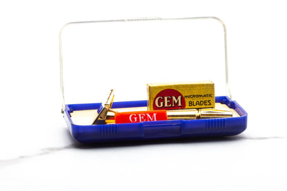 1940's Gem Micromatic Gold "Bullet Tip" Single Edge Safety Razor in Original Blue Case | Original Condition