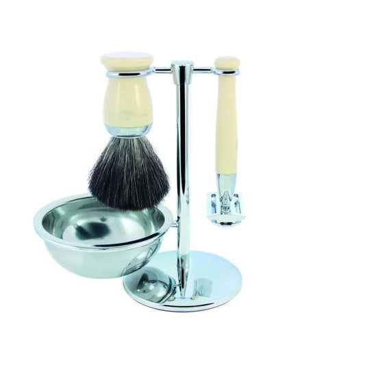 Edwin Jagger | Double Edge Safety Razor Shaving Set Imitation Ivory 4pc (Black Synthetic)
