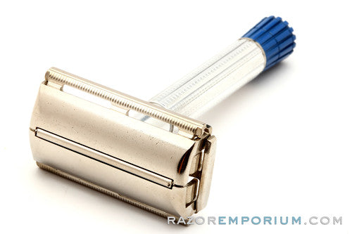 1959 E1 Gillette Blue Tip Light DE Super Speed Razor Nickel Set w/ Case & Blade Bank