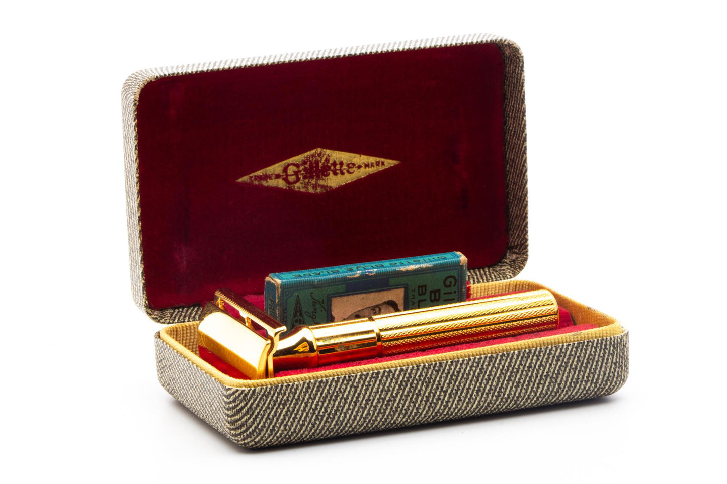 1940's Gillette Gold Fat Handle Tech Double Edge Safety Razor Set | Original Condition
