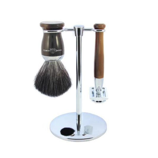 Edwin Jagger | Double Edge Safety Razor Shaving Set Imitation Horn 3pc (Black Synthetic)