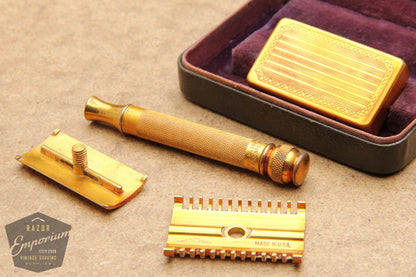 Gillette 1930's Gold NEW Long Comb Ball End Double Edge Safety Razor Set w/ Orig. Case