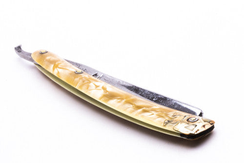 5/8" Dubl Duck Pearlduck Goldedge Straight Razor Original Gold Inlay Celluloid Scales | Solingen, Germany
