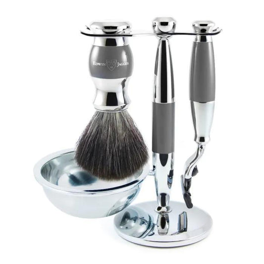 Edwin Jagger | Gillette® Mach3® Razor Shaving Set Grey & Chrome 4pc (Black Synthetic)