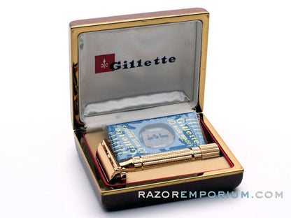 1956 B2 Gillette Diplomat Safety Razor w/ Original Leather Case & Blade Dispenser *24K Gold - New Old Stock - MINT