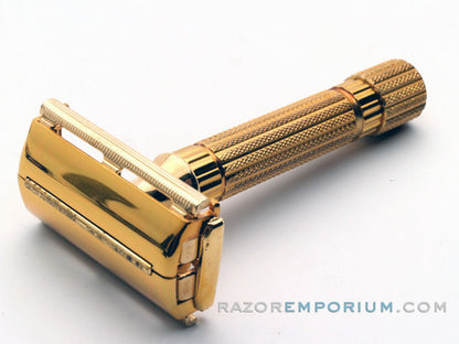 1948-1951 Gillette Aristocrat DE Safety Razor W/ Leather Case & Blade Bank *24K Gold - New Old Stock