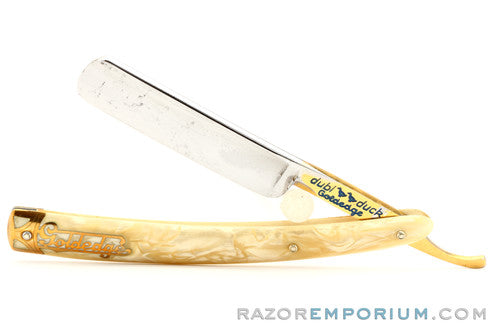 5/8"  Dubl Duck Pearlduck Goldedge w/ Gold Inlay Celluloid Scales Straight Razor | Solingen, Germany