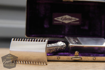 Gillette 1910's Silver ABC Pocket Edition Floral Handle - Old Type Open Comb DE Razor Set