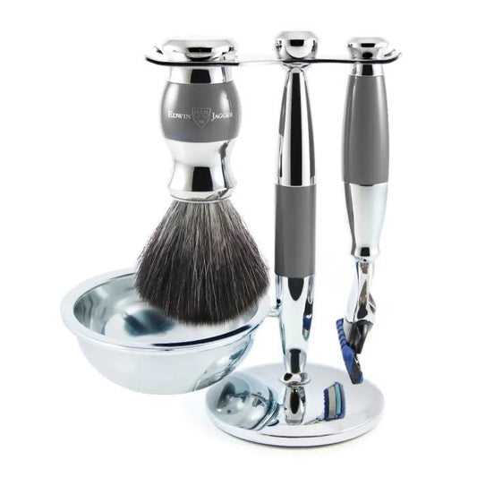 Edwin Jagger | Gillette® Fusion® ProGlide® Razor Shaving Set Grey & Chrome 4pc (Black Synthetic)