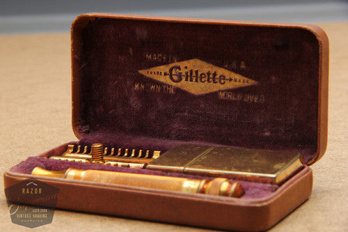 Gillette 1930's Gold Ball End Old Type Style DE Razor in Brown Leather Case