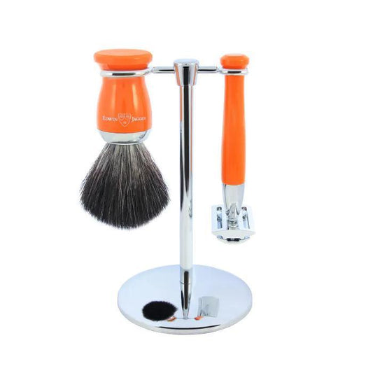 Edwin Jagger | Double Edge Safety Razor Shaving Set Orange 3pc (Black Synthetic)
