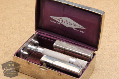 Gillette 1913 Silver Single Ring Old Type Set in Metal Case w/ Blade Banks