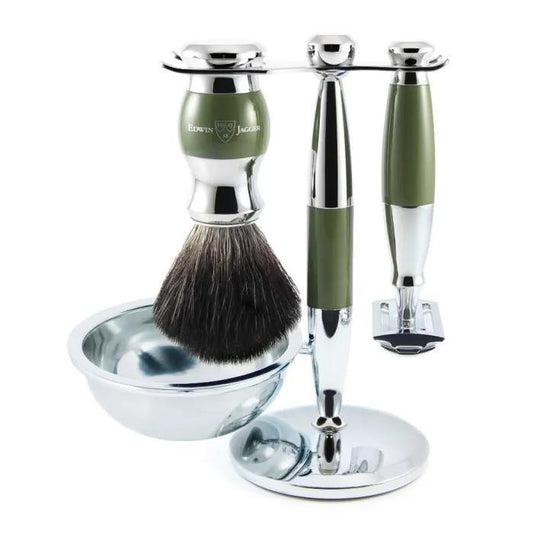 Edwin Jagger Double Edge Safety Razor Shaving Set Green & Chrome 4pc (Black Synthetic)