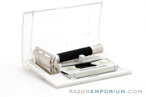 1970 P4 Gillette Black Handle Super Speed Safety Razor w/ Case & Blade Bank