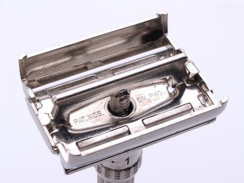 1964 J3 Gillette Slim Adjustable Safety Razor Nickel w/ Red Case & Blade Bank