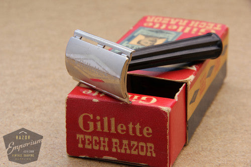 1951 W4 Gillette Tech Three Piece Double Edge Safety Razor with Black Bakelite Handle | Original Condition