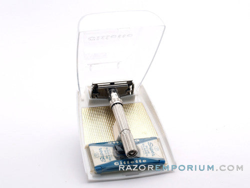 1962 H1 Gillette Slim Adjustable DE Safety Razor Nickel w/ Gold Case & Blade Bank
