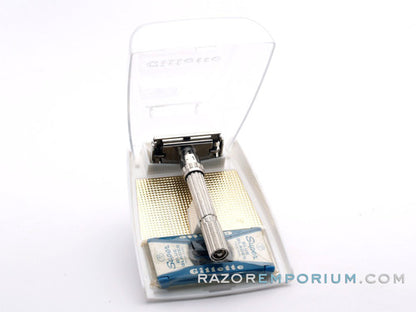 1962 H1 Gillette Slim Adjustable DE Safety Razor Nickel w/ Gold Case & Blade Bank