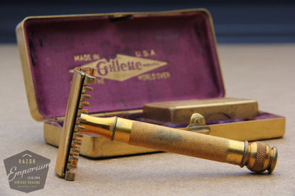 Gillette 1930's Ball End NEW Style Razor in Gold Basketweave Case