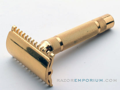 1930's Gillette Gold NEW Short Comb Ball End DE Safety Razor Set w/ Orig. Case & Blades