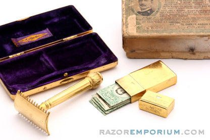 1916 Gillette Gold Basketweave Pocket Edition - Old Type DE Safety Razor Set