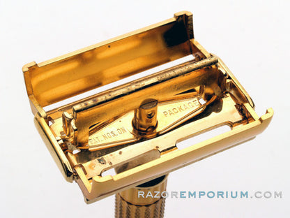 1948-1951 Gillette Aristocrat DE Safety Razor W/ Leather Case & Blade Bank *24K Gold - New Old Stock