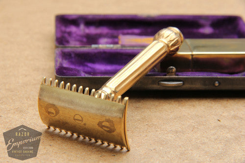 Gillette 1909 Gold ABC Pocket Edition Lined Handle - Old Type Open Comb DE Razor Set