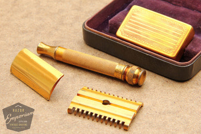Gillette 1930's Gold NEW Long Comb Ball End Double Edge Safety Razor Set w/ Orig. Case