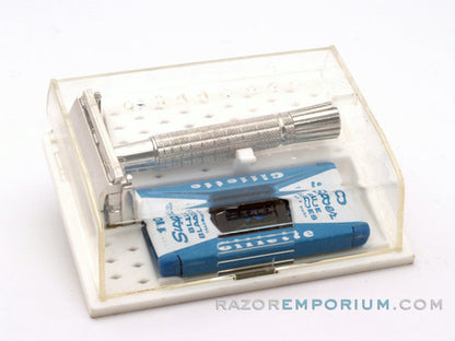 1960 F2 Flair Tip Super Speed DE Safety Razor Set w/ White Case & Blueblade Bank