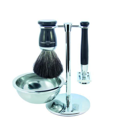 Edwin Jagger | Double Edge Safety Razor Shaving Set Imitation Ebony 4pc (Black Synthetic)