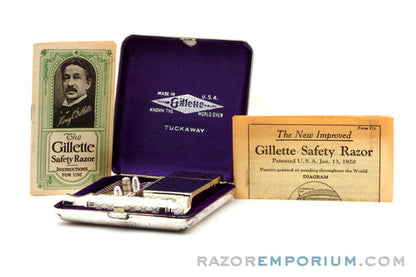 1922 Gillette New Improved Nickel Tuckaway Travel DE Safety Razor Set w/ Instructions