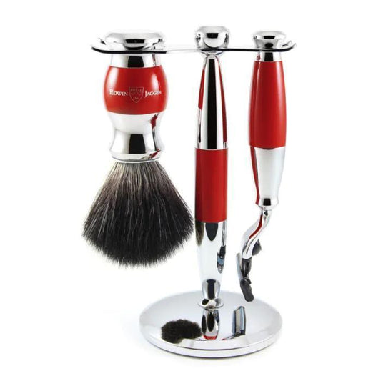 Edwin Jagger | Gillette® Mach3® Razor Shaving Set Red & Chrome 3pc (Black Synthetic)