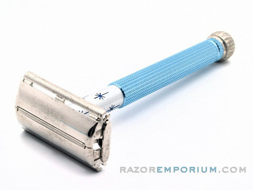 1965 Gillette K3 Blue Star Lady DE Safety Razor w/ Case & Blade Bank