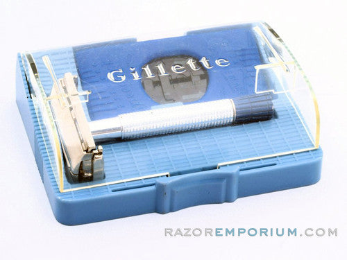 1956 B1 Gillette Blue Tip Light DE Super Speed Razor Nickel Set w/ Case & Blade Bank
