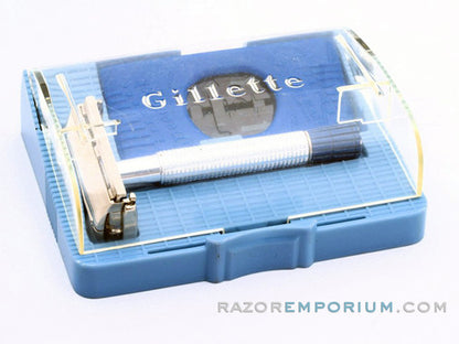 1956 B1 Gillette Blue Tip Light DE Super Speed Razor Nickel Set w/ Case & Blade Bank