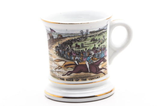 Vintage Hand Painted Mustache Saver "The Race Of The Century" Shaving Mug