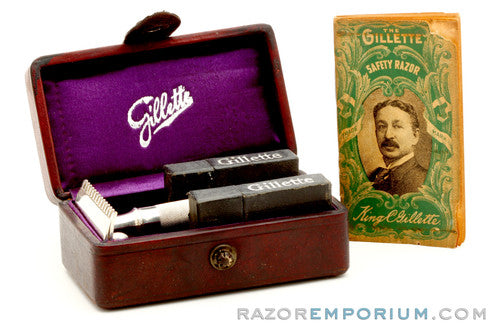 1907 Gillette Single Ring Old Type Script Logo Set in Leather Case w/ Blade Banks & Original Box