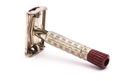 1950's British Gillette Heavy Red Tip DE Super Speed Safety Razor w/ Case & Blade Bank | Made in England