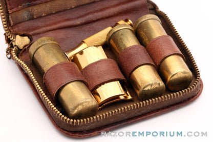 1947-51 Gillette Gold Ball End Travel Tech Safety Razor Set with Leather Zip Pouch