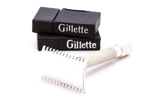 1922 Vintage Gillette Silver Single Ring Old Type Razor with Leather Case and Blade Banks
