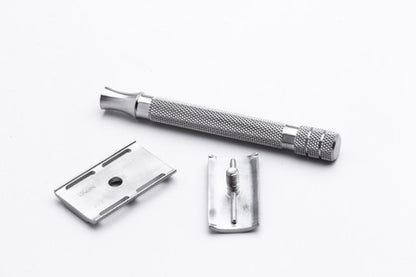 Used iKon Stainless Steel Standard Solid Guard DE Razor with Long Handle