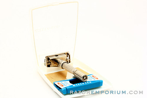 1960's Gillette Slim Adjustable DE Safety Razor Nickel w/ Gold Case & Blade Bank & Instructions