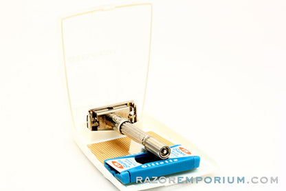 1960's Gillette Slim Adjustable DE Safety Razor Nickel w/ Gold Case & Blade Bank & Instructions