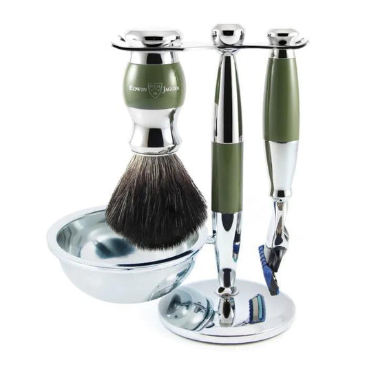 Edwin Jagger | Gillette® Fusion® ProGlide® Razor Shaving Set Green & Chrome 4pc (Black Synthetic)