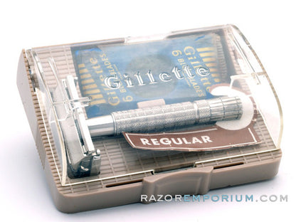 1957 C4 Gillette Regular Flair Tip DE Super Speed Safety Razor NOS w/ Case, Wrapped Blades, & Instructions