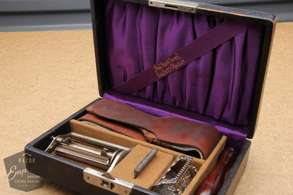 Gem 1912 New Style Single Edge Safety Razor & Strop in Black / Purple Leather Case
